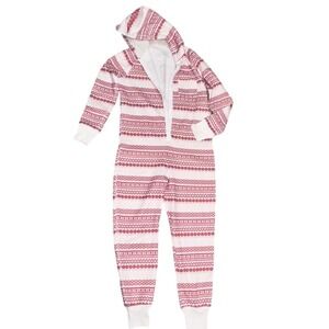 Abercrombie‎ & Fitch Union Suit Womens M/L Red White Fair Isle Fleece Hooded EUC